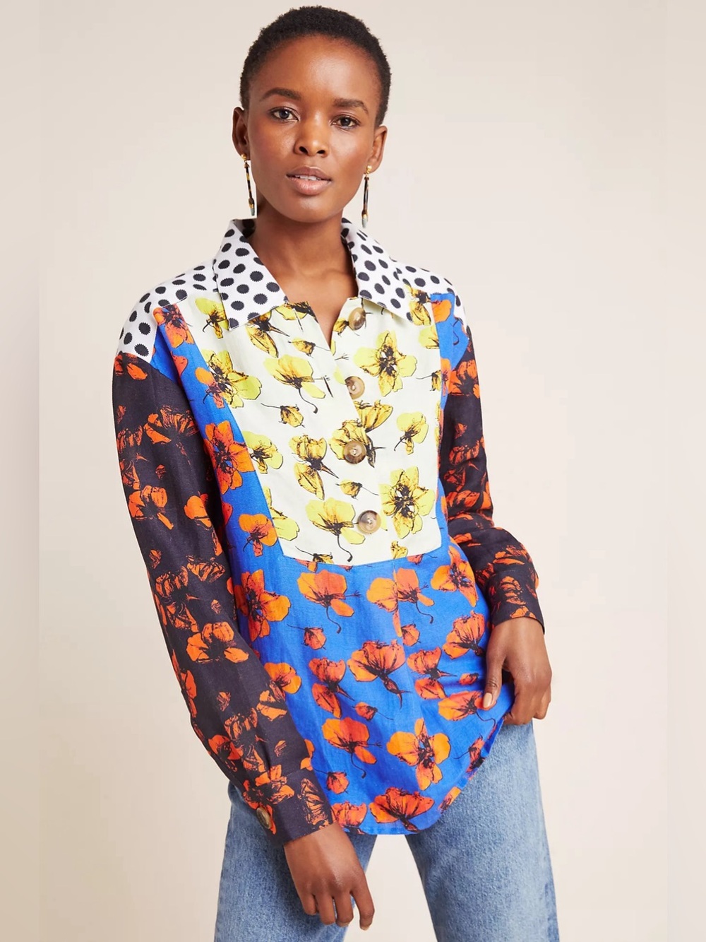 Anthropologie Dhruv Kapoor Coralia Floral Linen Blend Patchwork Shirt Size M - Picture 5 of 13
